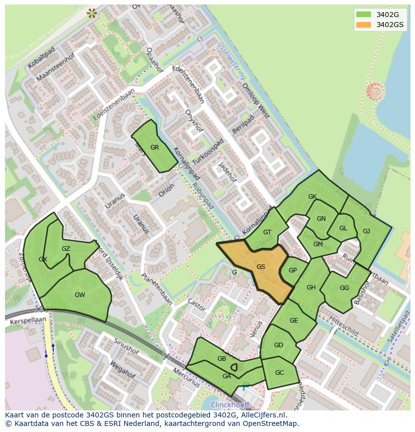 Afbeelding van het postcodegebied 3402 GS op de kaart.