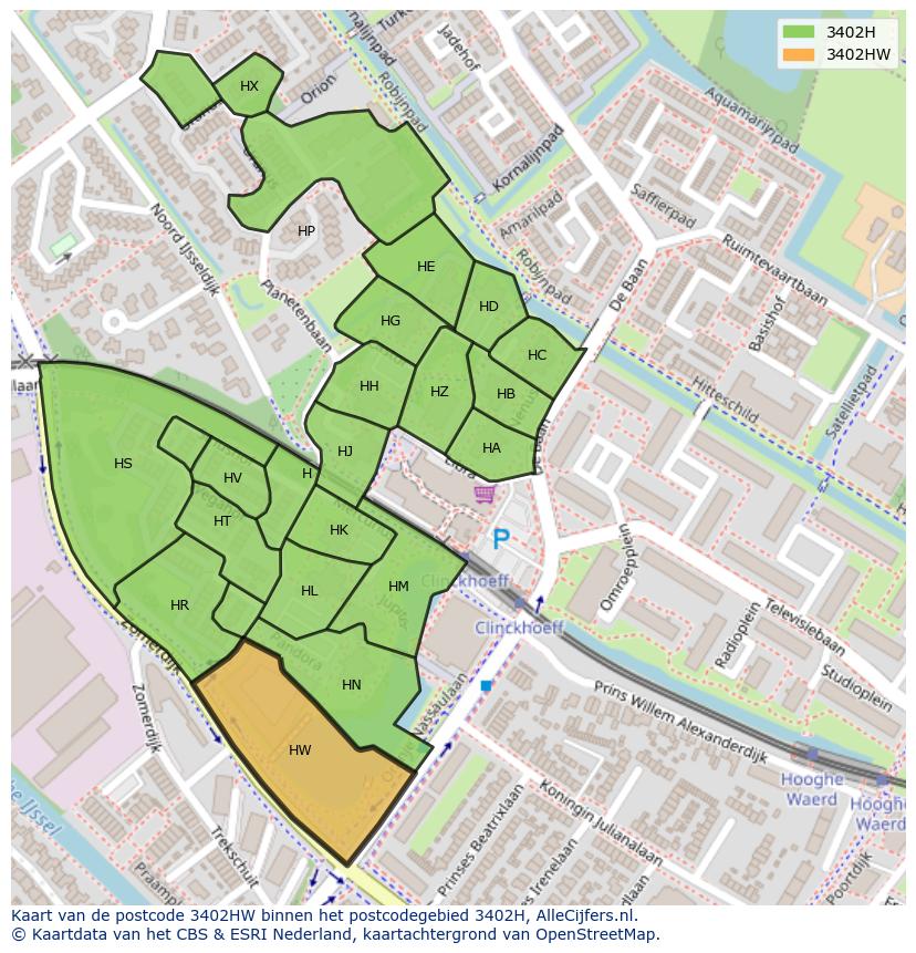 Afbeelding van het postcodegebied 3402 HW op de kaart.