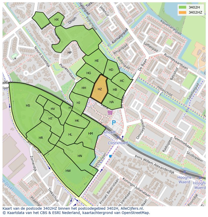 Afbeelding van het postcodegebied 3402 HZ op de kaart.