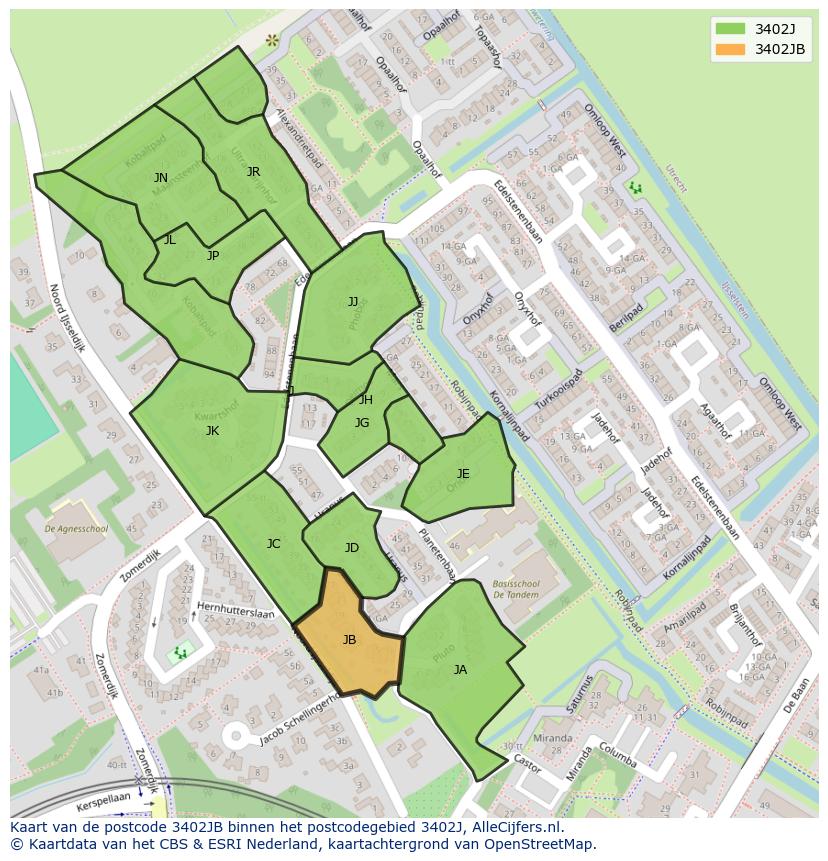Afbeelding van het postcodegebied 3402 JB op de kaart.