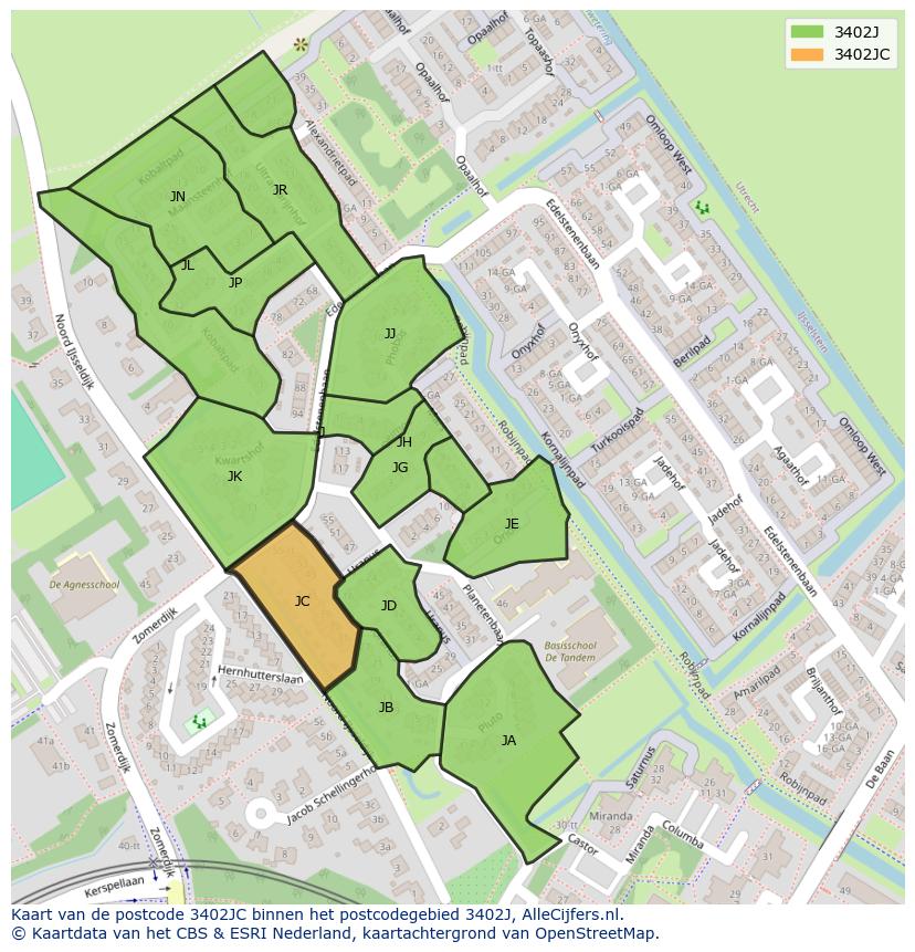Afbeelding van het postcodegebied 3402 JC op de kaart.