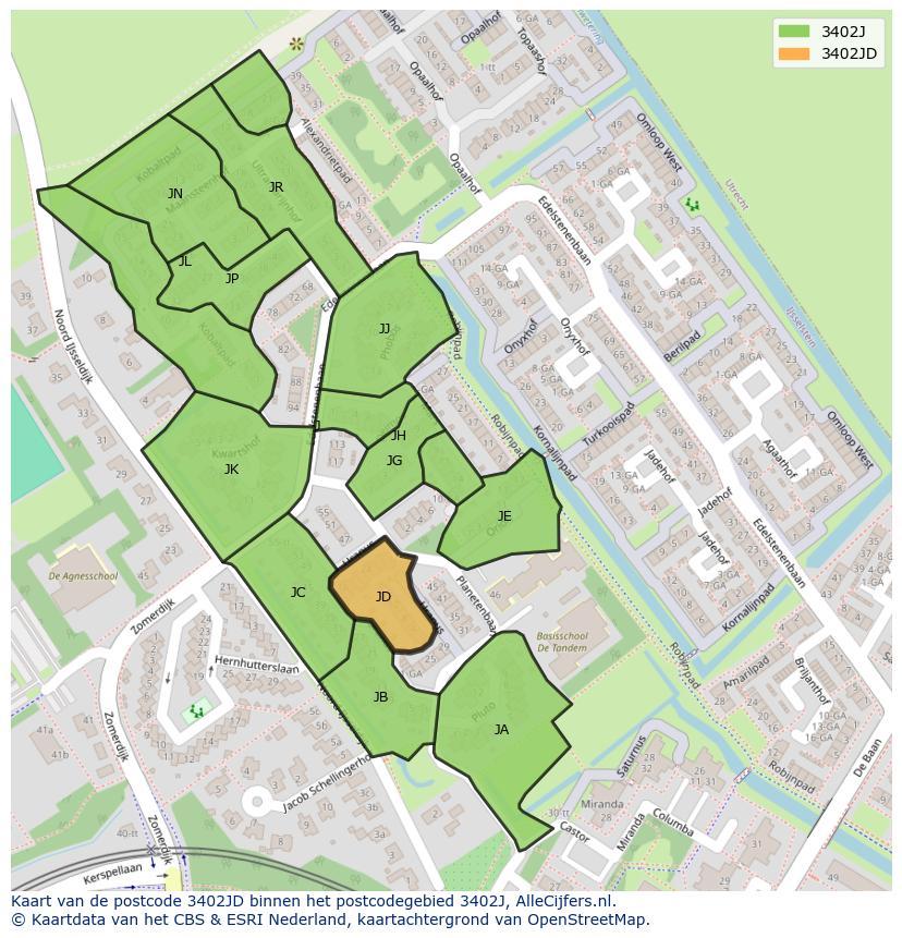 Afbeelding van het postcodegebied 3402 JD op de kaart.
