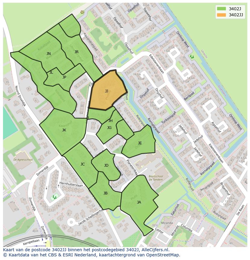 Afbeelding van het postcodegebied 3402 JJ op de kaart.