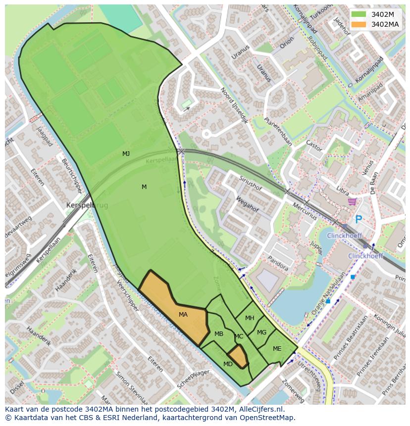 Afbeelding van het postcodegebied 3402 MA op de kaart.