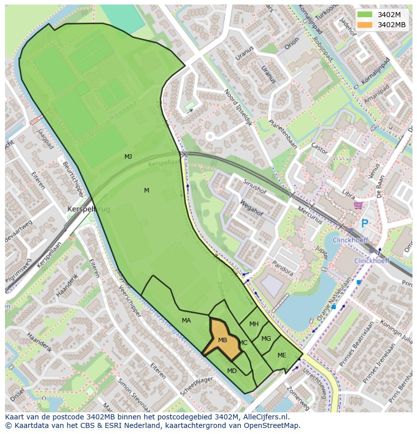 Afbeelding van het postcodegebied 3402 MB op de kaart.