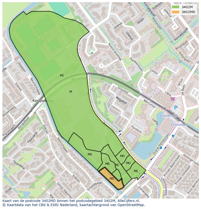 Afbeelding van het postcodegebied 3402 MD op de kaart.