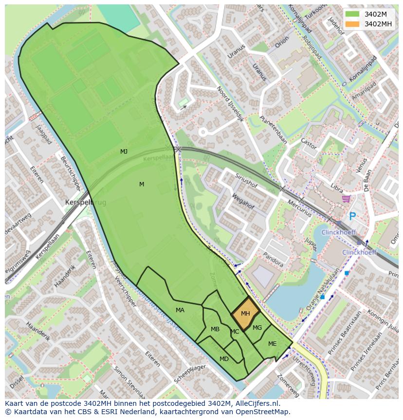 Afbeelding van het postcodegebied 3402 MH op de kaart.