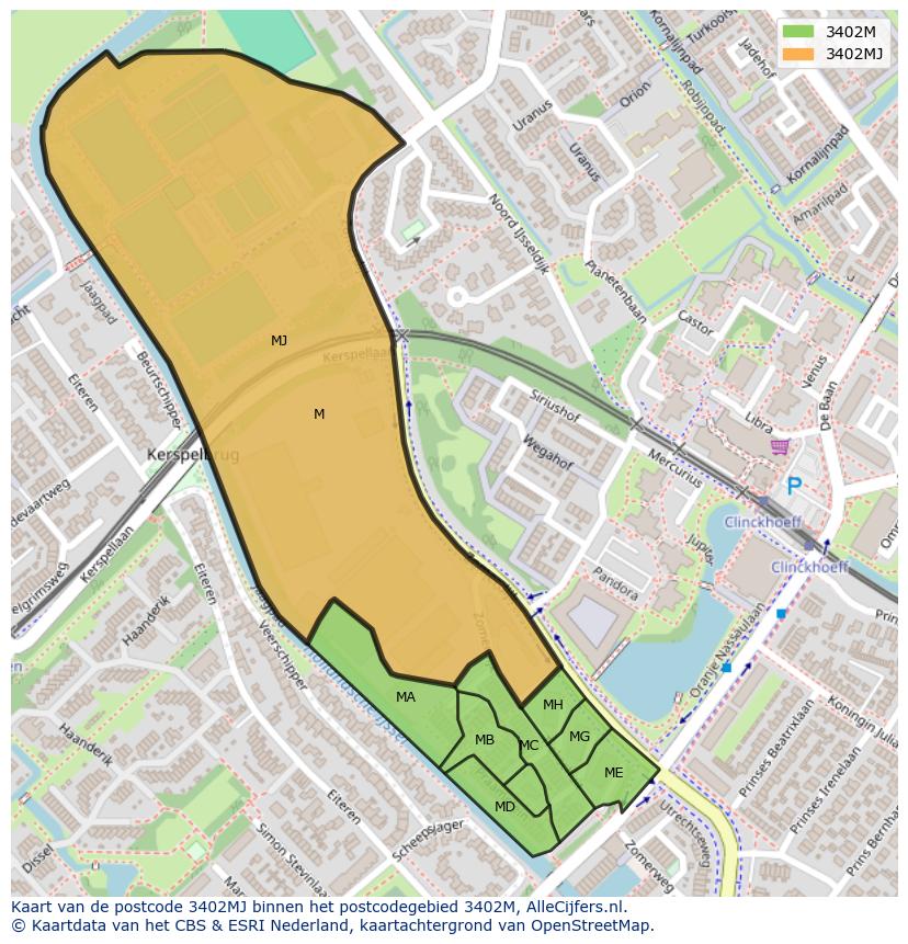 Afbeelding van het postcodegebied 3402 MJ op de kaart.
