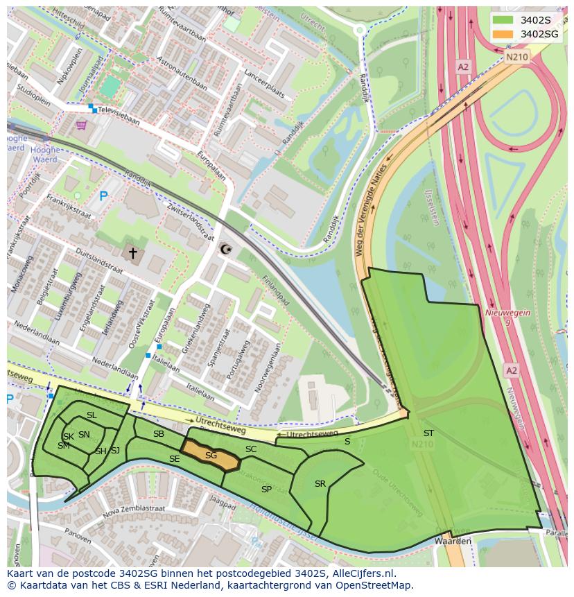 Afbeelding van het postcodegebied 3402 SG op de kaart.