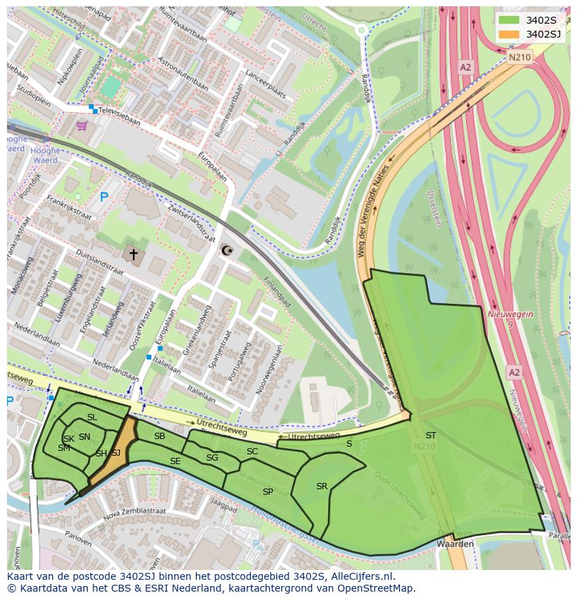 Afbeelding van het postcodegebied 3402 SJ op de kaart.