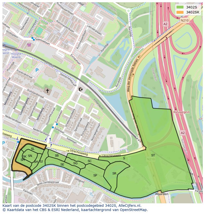 Afbeelding van het postcodegebied 3402 SK op de kaart.