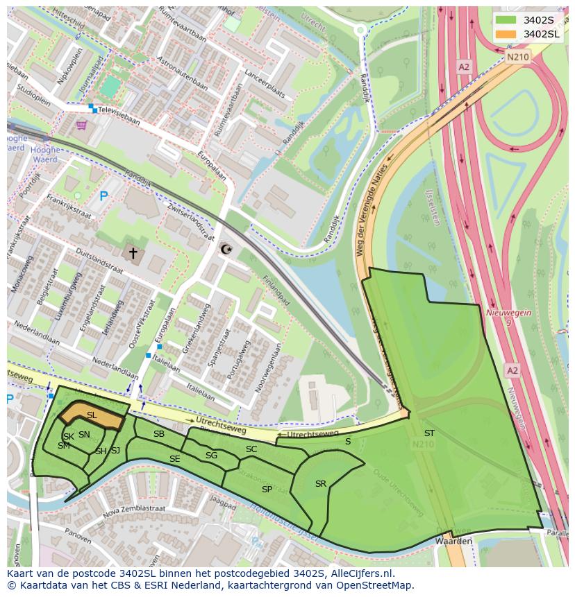 Afbeelding van het postcodegebied 3402 SL op de kaart.
