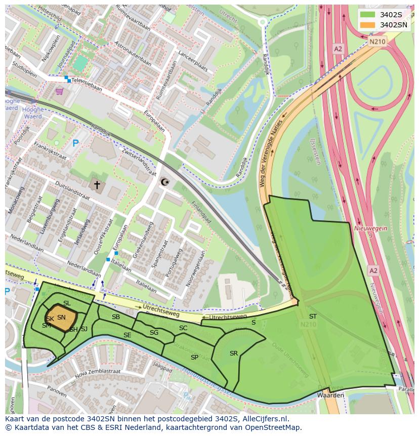 Afbeelding van het postcodegebied 3402 SN op de kaart.