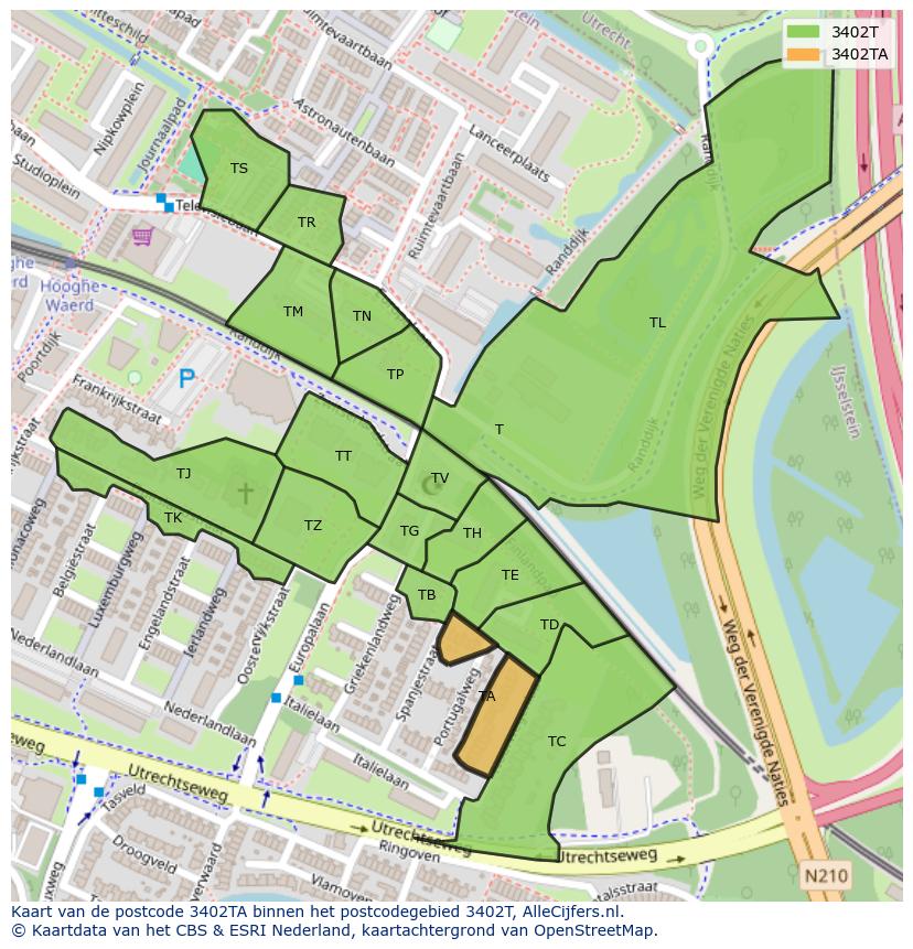 Afbeelding van het postcodegebied 3402 TA op de kaart.