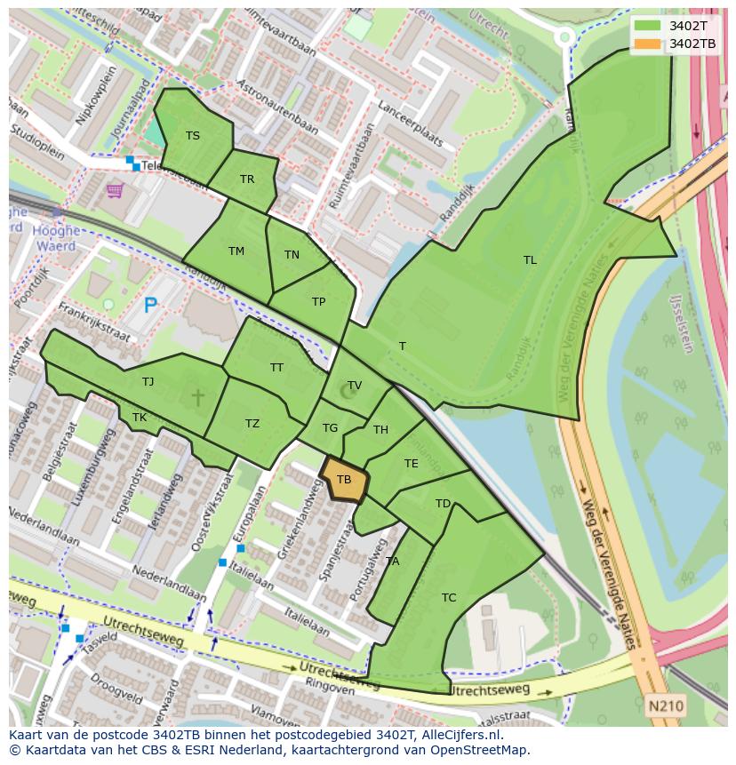Afbeelding van het postcodegebied 3402 TB op de kaart.