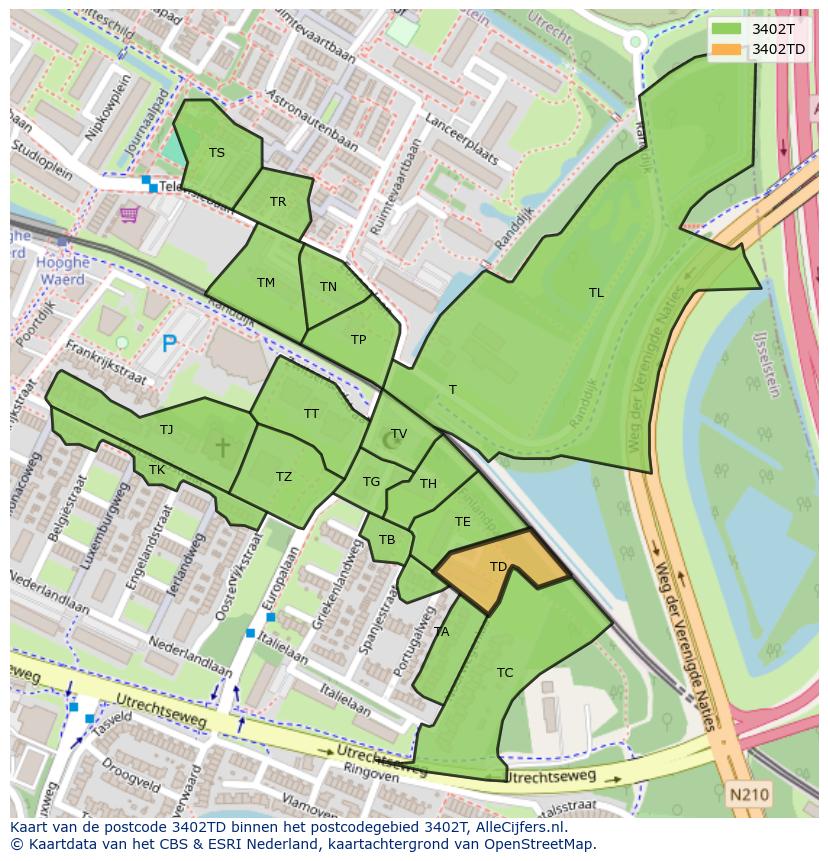 Afbeelding van het postcodegebied 3402 TD op de kaart.