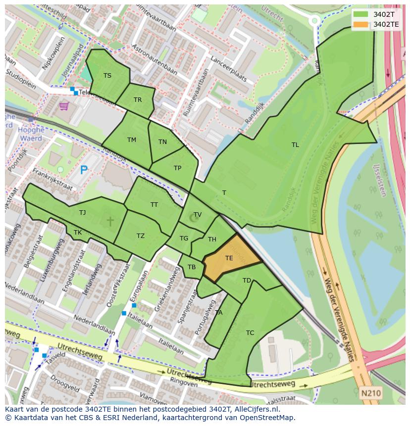 Afbeelding van het postcodegebied 3402 TE op de kaart.