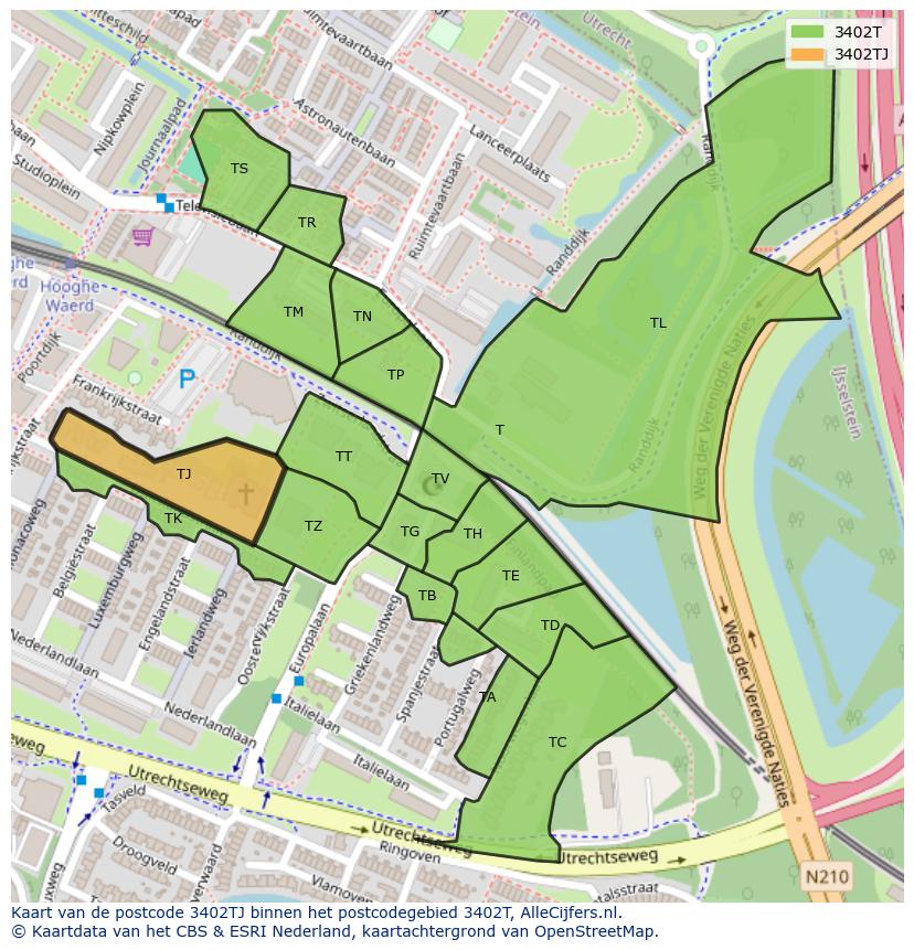 Afbeelding van het postcodegebied 3402 TJ op de kaart.