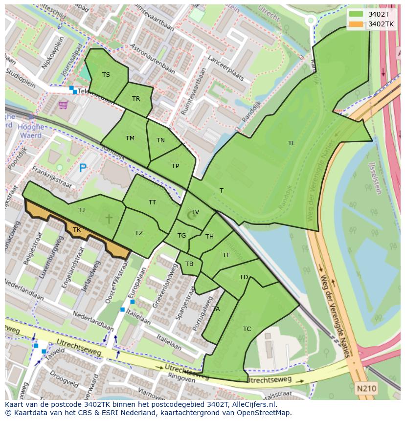 Afbeelding van het postcodegebied 3402 TK op de kaart.