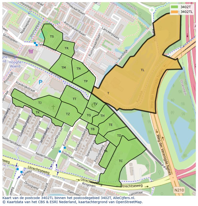 Afbeelding van het postcodegebied 3402 TL op de kaart.