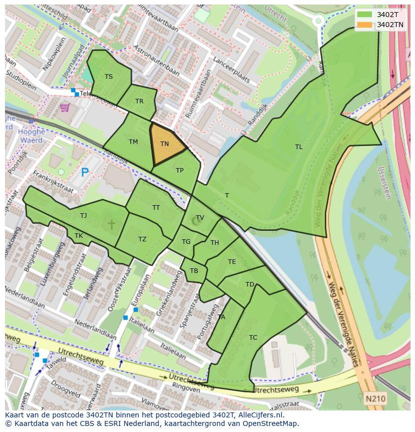 Afbeelding van het postcodegebied 3402 TN op de kaart.