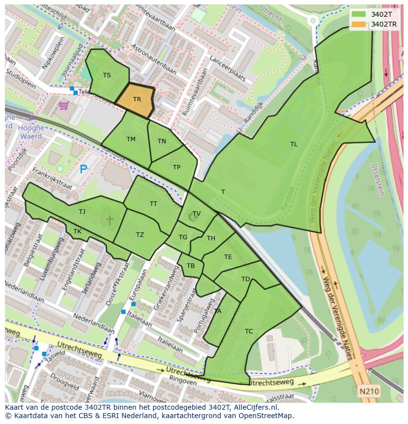 Afbeelding van het postcodegebied 3402 TR op de kaart.