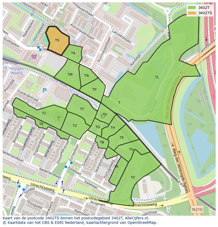 Afbeelding van het postcodegebied 3402 TS op de kaart.