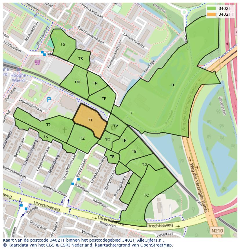 Afbeelding van het postcodegebied 3402 TT op de kaart.