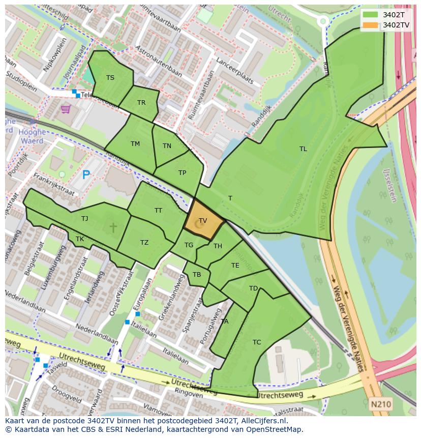 Afbeelding van het postcodegebied 3402 TV op de kaart.