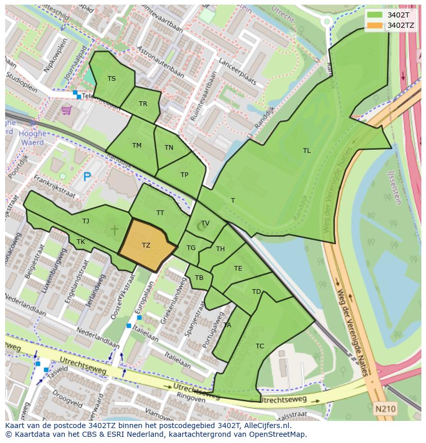 Afbeelding van het postcodegebied 3402 TZ op de kaart.