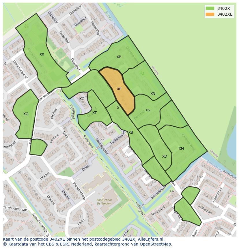 Afbeelding van het postcodegebied 3402 XE op de kaart.