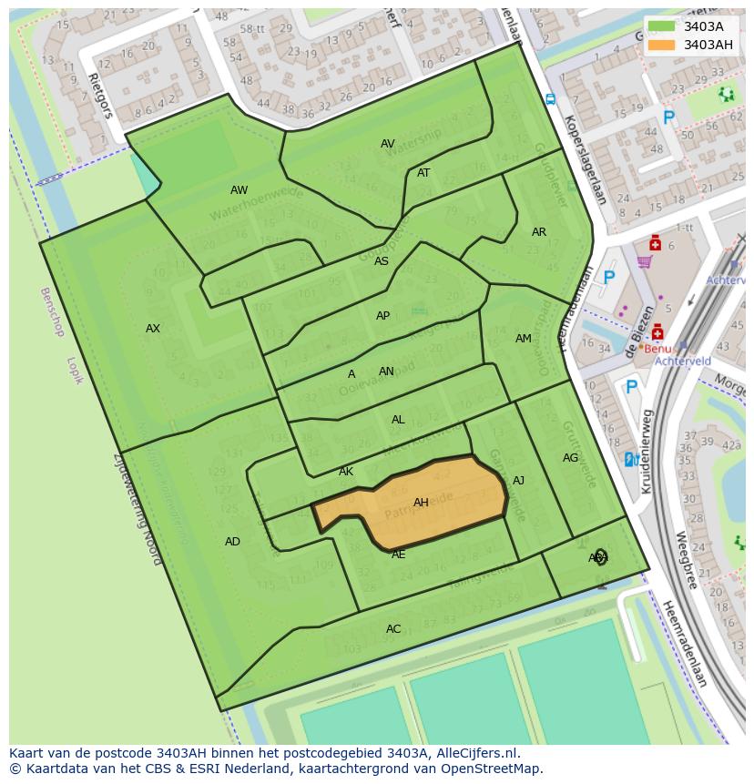 Afbeelding van het postcodegebied 3403 AH op de kaart.