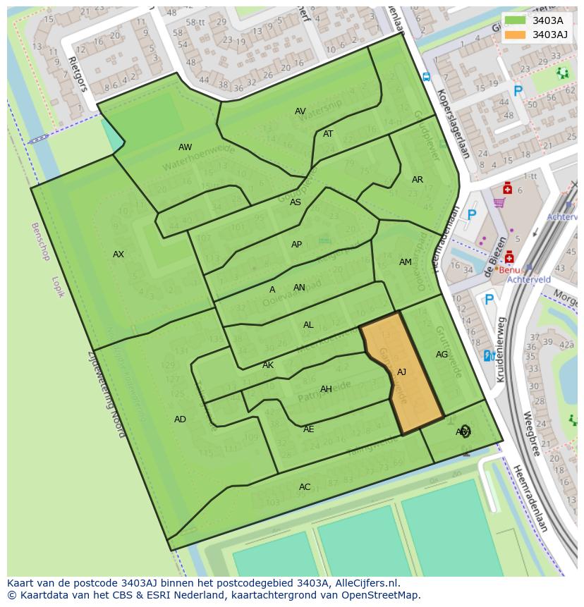Afbeelding van het postcodegebied 3403 AJ op de kaart.