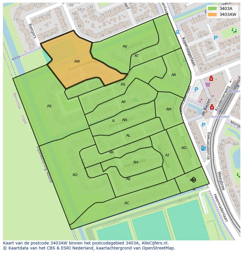 Afbeelding van het postcodegebied 3403 AW op de kaart.