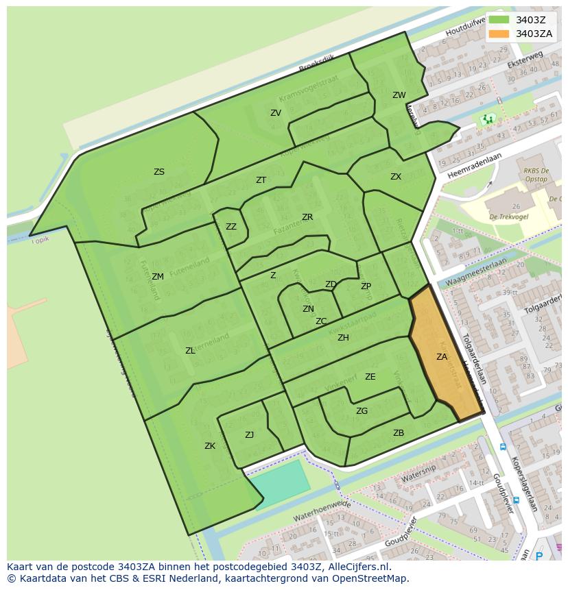 Afbeelding van het postcodegebied 3403 ZA op de kaart.