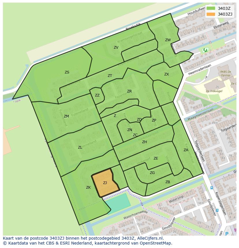 Afbeelding van het postcodegebied 3403 ZJ op de kaart.