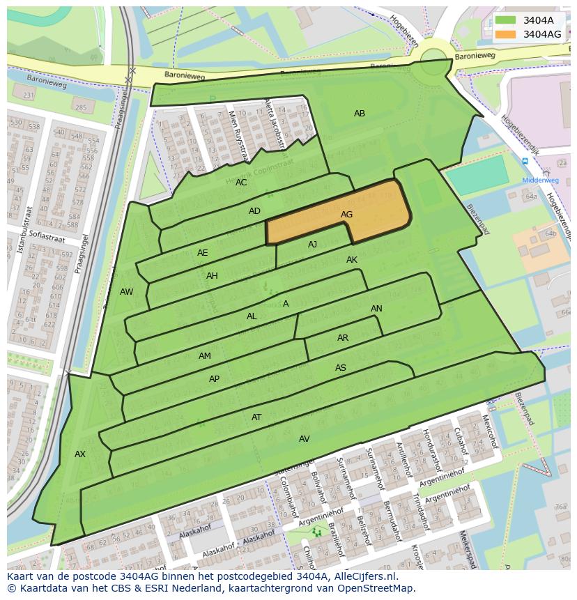 Afbeelding van het postcodegebied 3404 AG op de kaart.