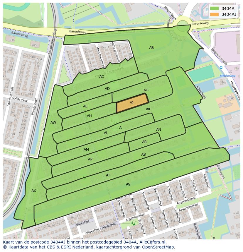 Afbeelding van het postcodegebied 3404 AJ op de kaart.