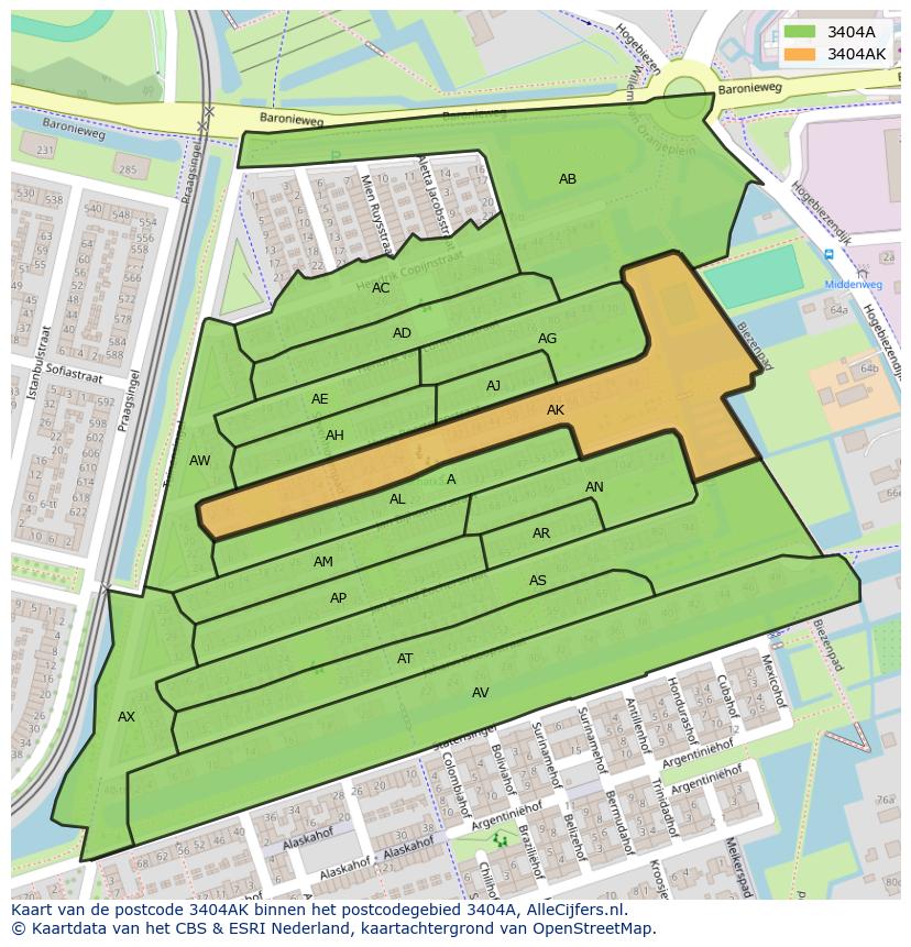 Afbeelding van het postcodegebied 3404 AK op de kaart.