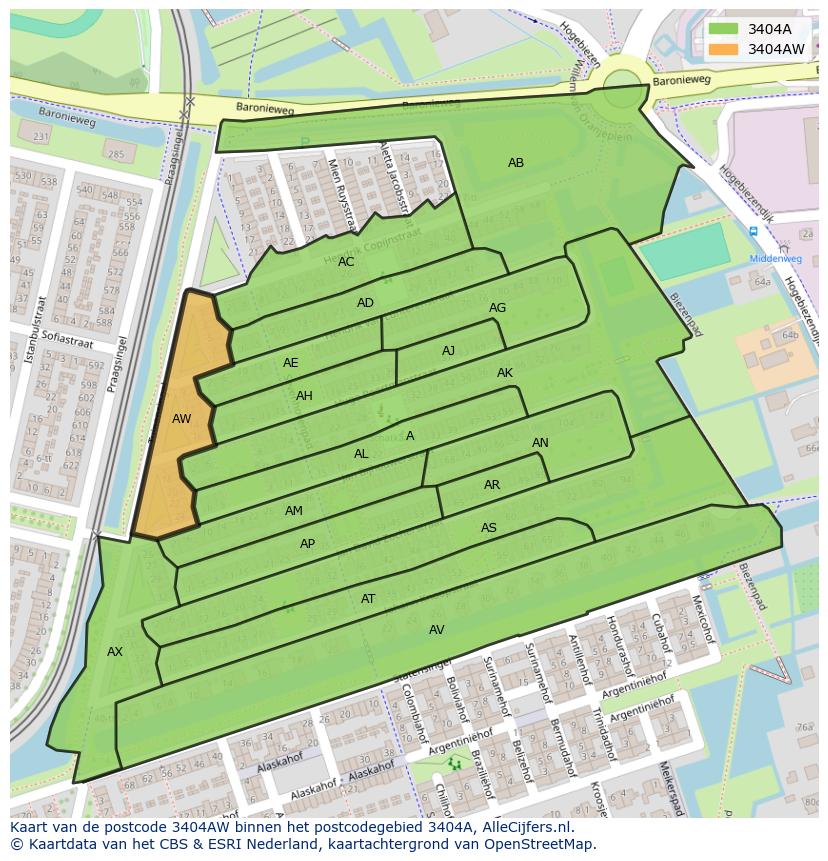 Afbeelding van het postcodegebied 3404 AW op de kaart.