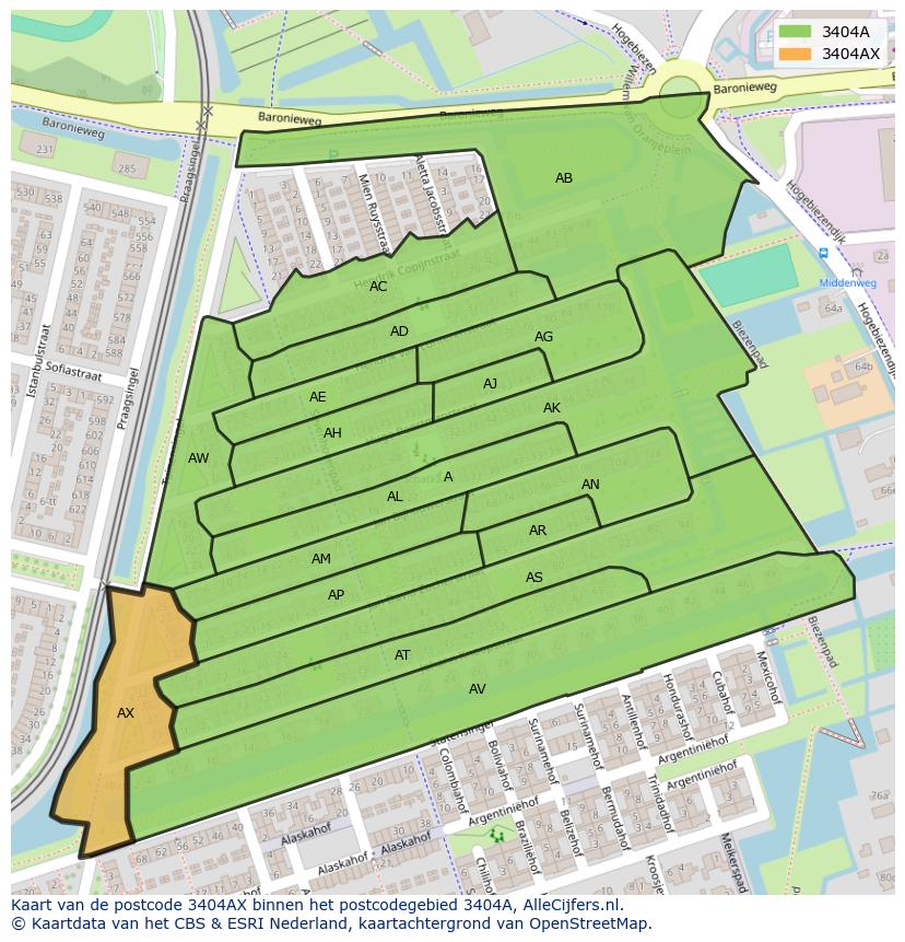 Afbeelding van het postcodegebied 3404 AX op de kaart.
