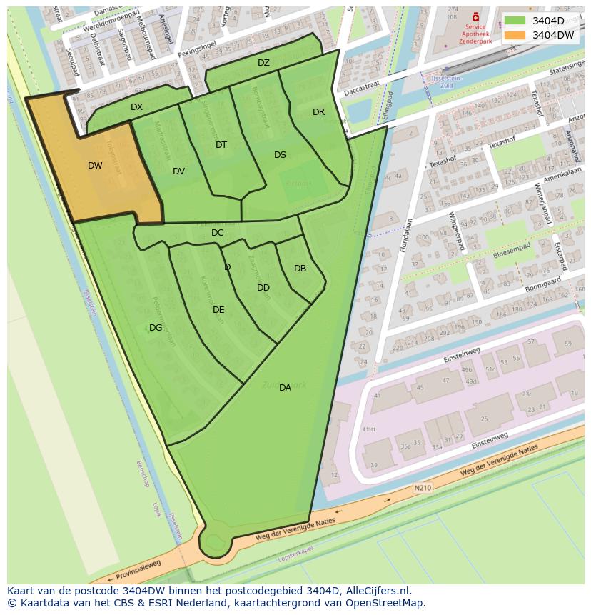 Afbeelding van het postcodegebied 3404 DW op de kaart.