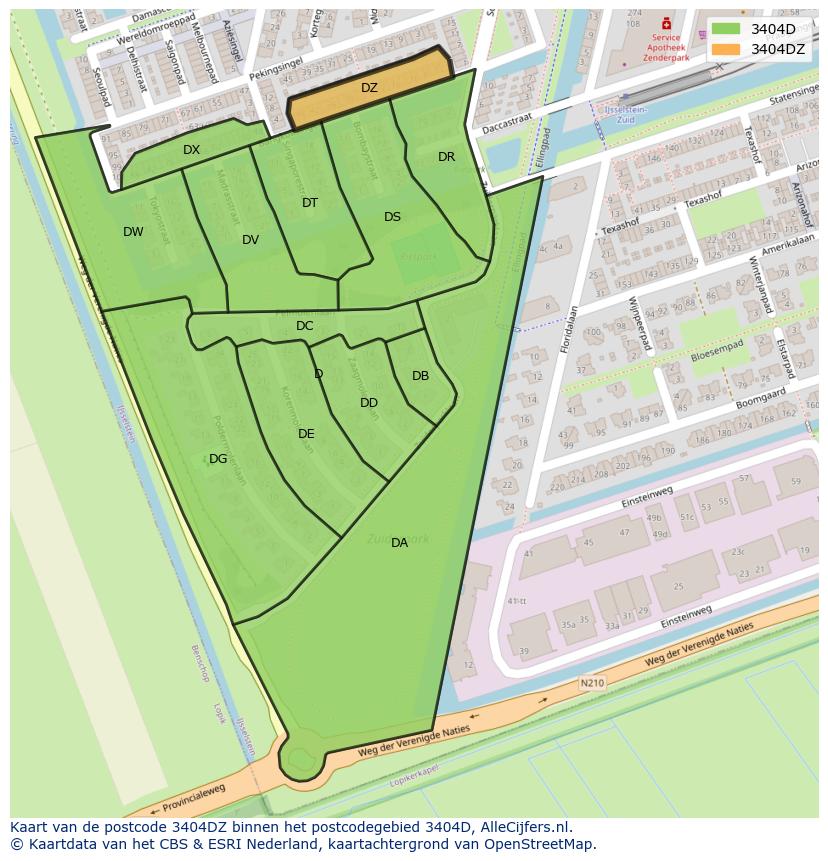 Afbeelding van het postcodegebied 3404 DZ op de kaart.