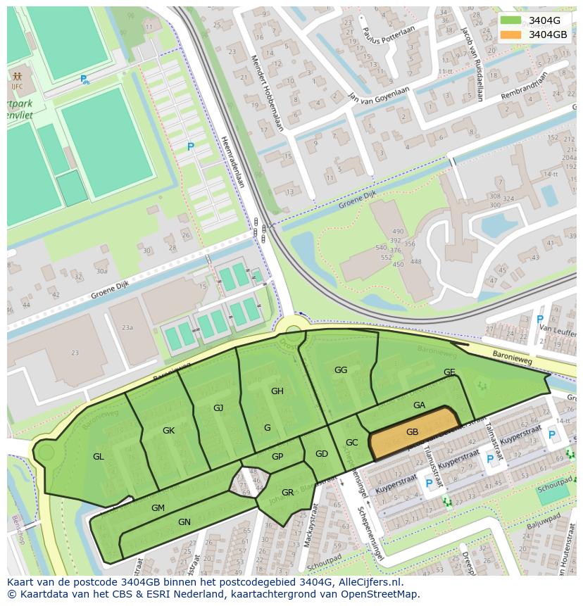 Afbeelding van het postcodegebied 3404 GB op de kaart.