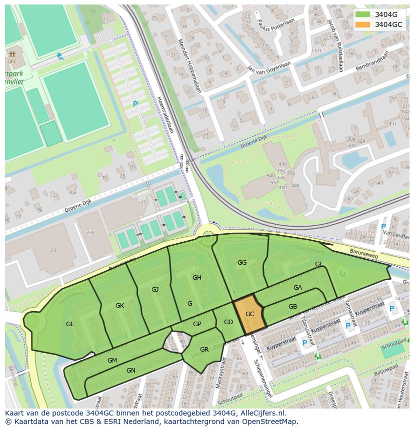Afbeelding van het postcodegebied 3404 GC op de kaart.