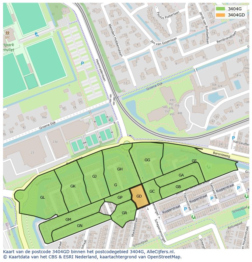 Afbeelding van het postcodegebied 3404 GD op de kaart.