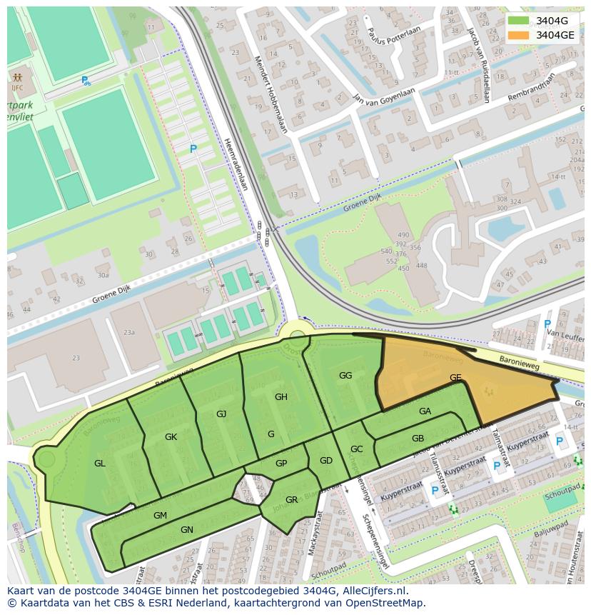 Afbeelding van het postcodegebied 3404 GE op de kaart.