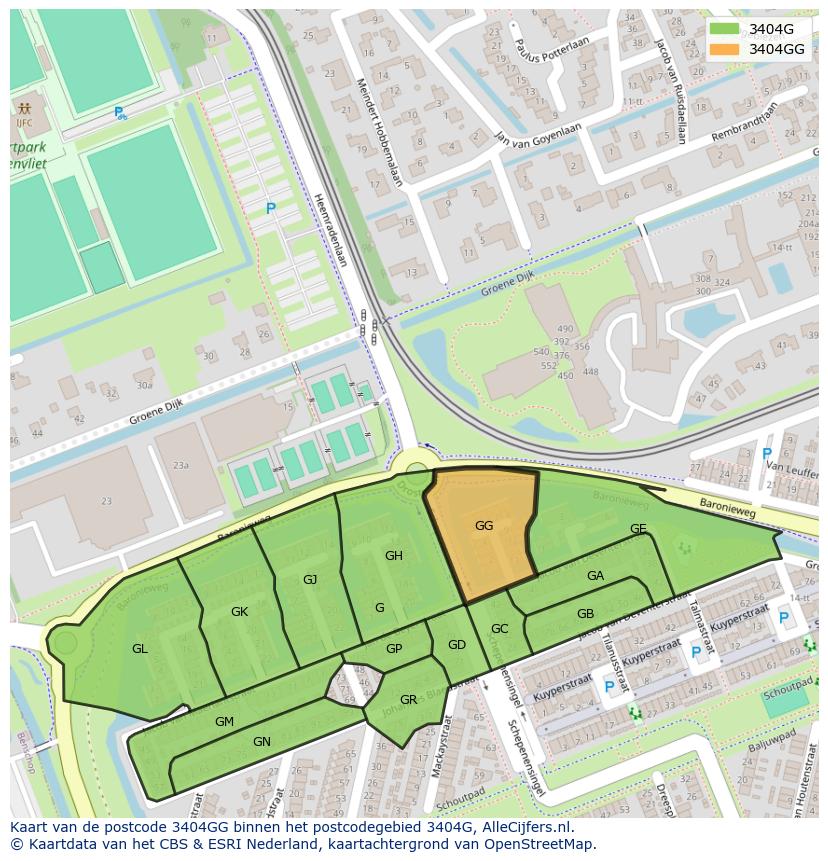 Afbeelding van het postcodegebied 3404 GG op de kaart.