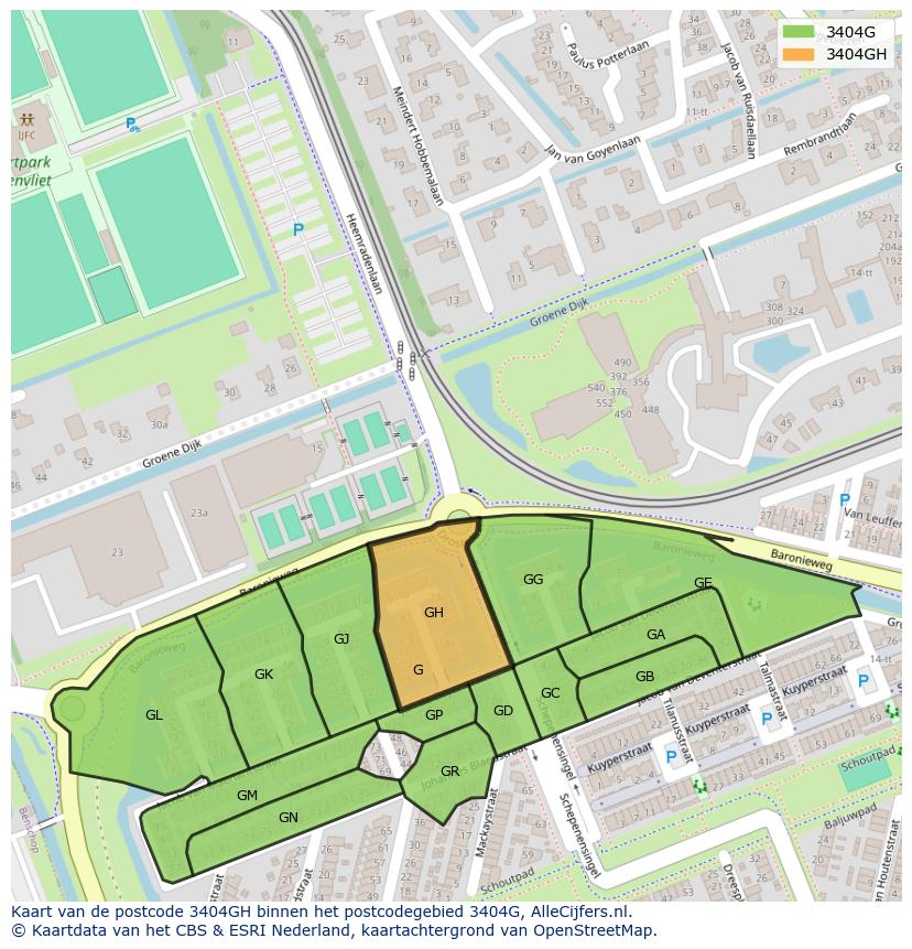 Afbeelding van het postcodegebied 3404 GH op de kaart.