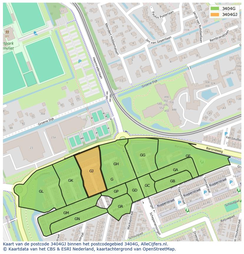 Afbeelding van het postcodegebied 3404 GJ op de kaart.